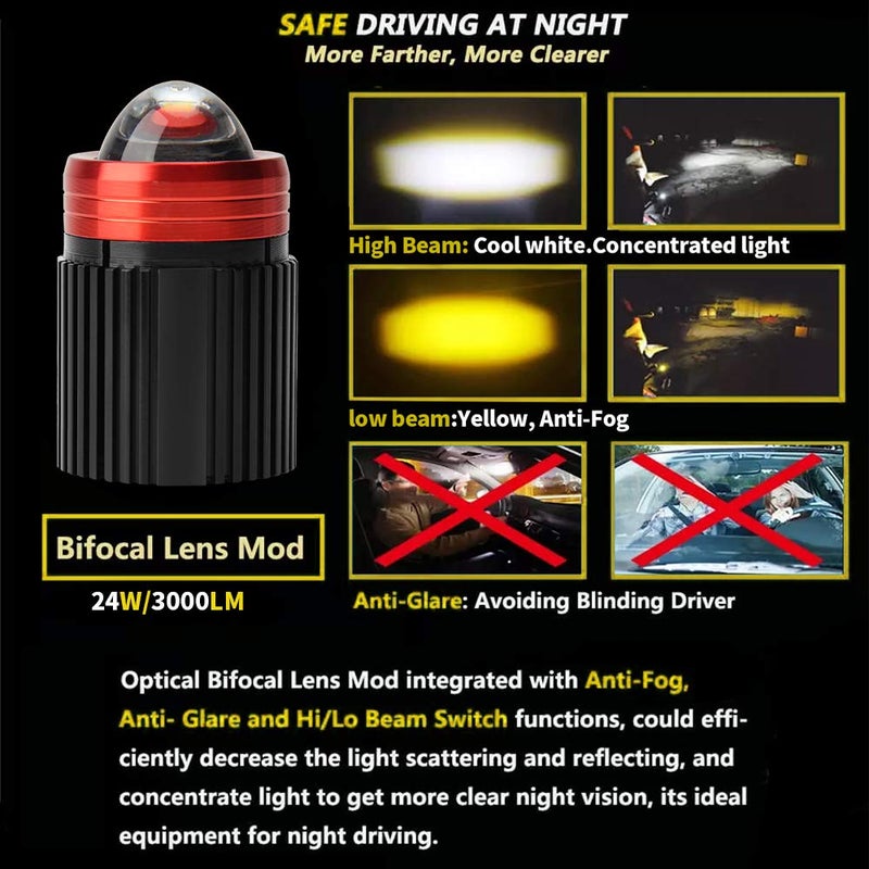 OPP ULITE أضواء ضباب LED للدراجات النارية OPP ULITE 3000K أصفر كهرماني 6500K أبيض ضوء قيادة 24W 3000LM IP65 شعاع عالي ومنخفض لتجنب إبهار السائق ضوء النقطة DRL لسيارة جيب SUV شاحنة ATV (ضباب مصغر-24W-M) - Image 2